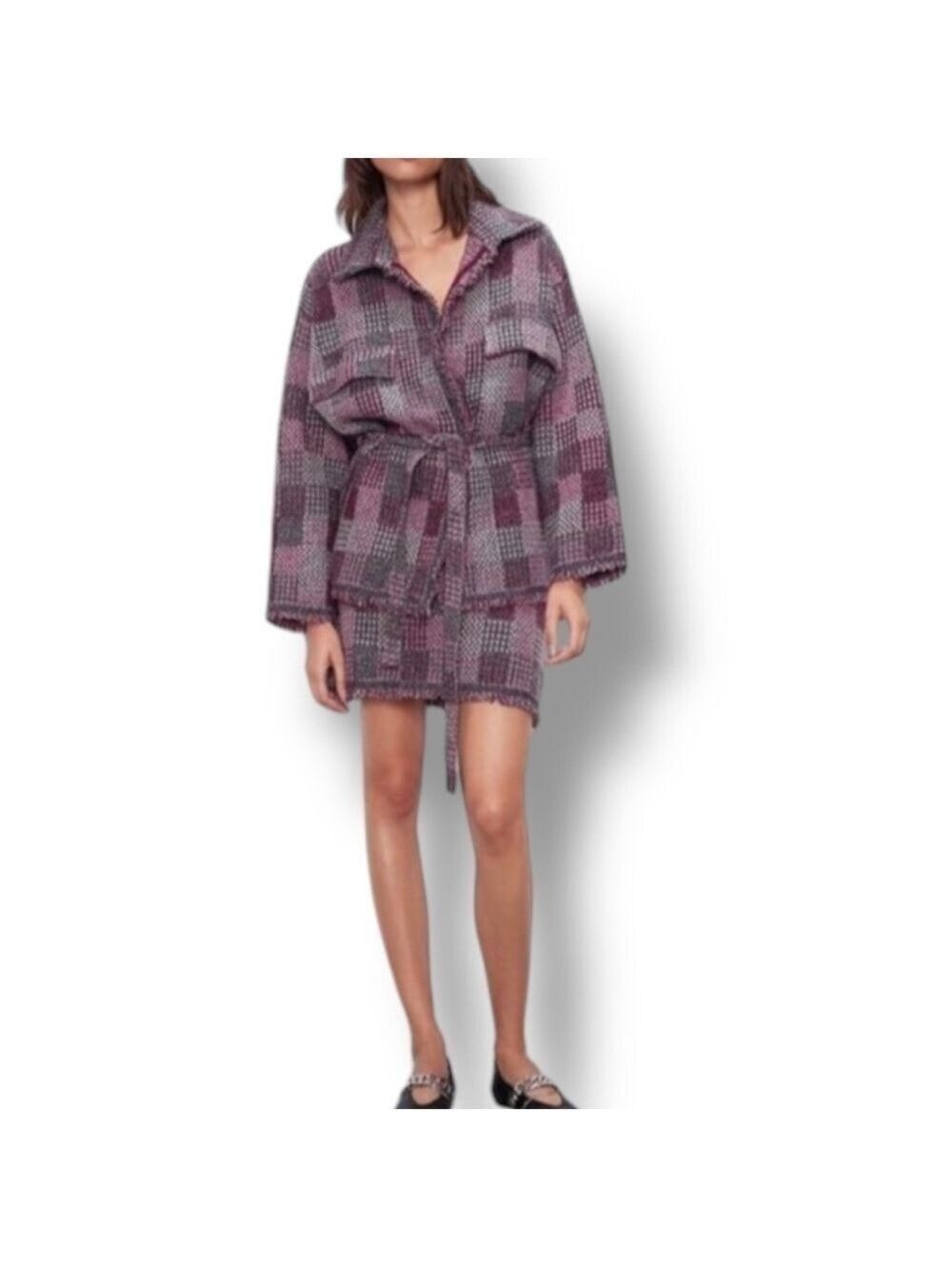 Zara Women's PLAID CHECK TWEED KNIT OVERSHIRT JACKET & SKIRT SET Sz L NWT RARE